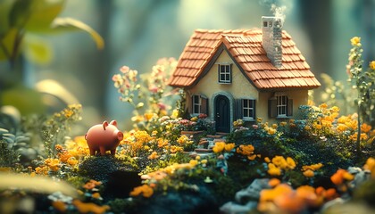 Charming little home next to a piggy bank, representing savings for a future abode, surrounded by a cozy garden that evokes comfort and peace