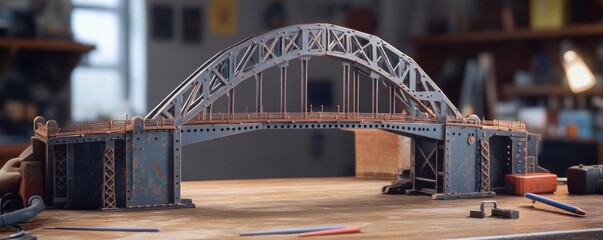 A finely crafted bridge structural model made of steel, displayed on a workbench