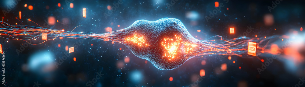 Poster neural synapse flash sale concept: close-up of neuron firing, electrical impulse transforms into pro