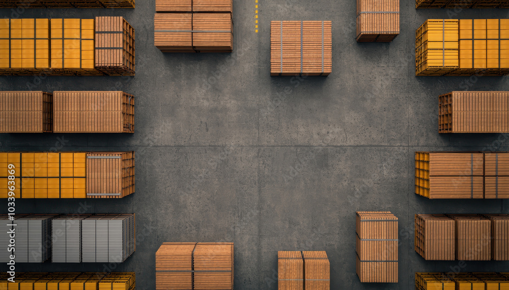 Poster an aerial view of a warehouse featuring neatly stacked wooden pallets and organized storage space fo
