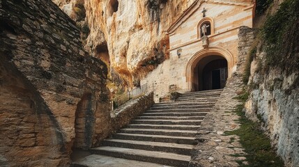 A historic church built into a cliffside, with a path leading up to its sacred entrance