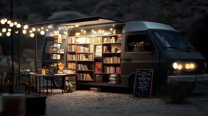 Obraz premium Cozy Mobile Bookshop Stall Illuminated at Night in Atmospheric City Street