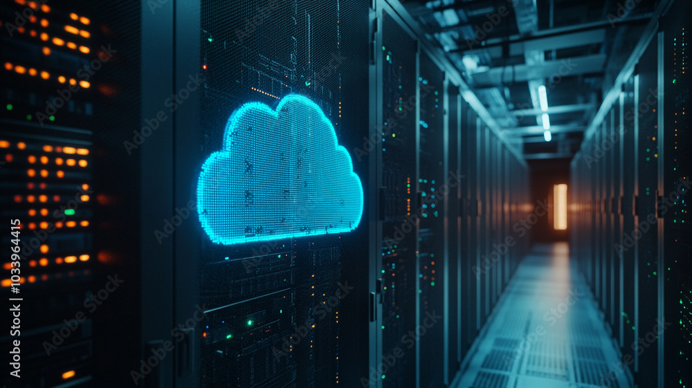 Poster illuminated cloud symbol in a modern data center with rows of server racks at night
