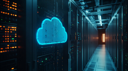 Illuminated cloud symbol in a modern data center with rows of server racks at night