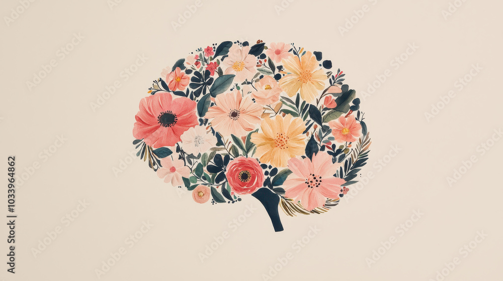 Poster a vibrant fusion of nature and mind exploring the artistic representation of floral elements as a br