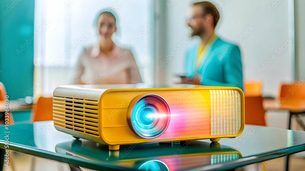 Poster close-up of futuristic projector displaying holographic business presentation with glowing backgroun