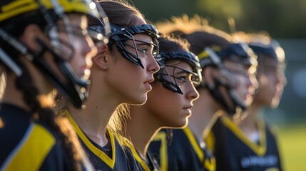 A lacrosse team strategizing on the sidelines during a timeout, focused on their game plan
