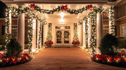 Festive Entrance with Christmas Decorations and Lights