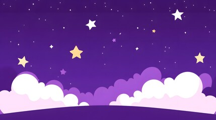 Dark purple background, cartoon-style illustration with simple clouds and stars, cute clouds, purple sky, pink sunset