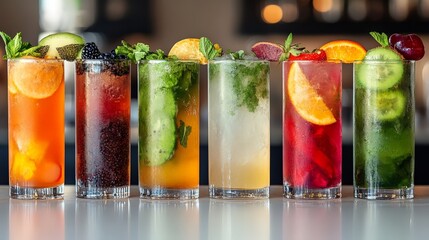 A lineup of detox drinks with vibrant colors, each filled with different fruits, herbs, and spices, displayed on a counter