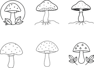 Six Hand-Drawn Outline Illustrations of Mushrooms