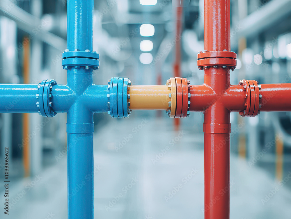 Poster vibrant industrial pipeline connection a detailed view of colorful piping systems in modern infrastr