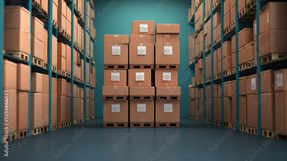 Poster Efficient warehouse storage solutions maximizing space and streamlining logistics with stackable boxes and pallets