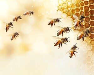 Fototapeta premium Dynamic bees hovering near a detailed honeycomb design, set against a clear background that allows for text, showcasing the industrious spirit of nature