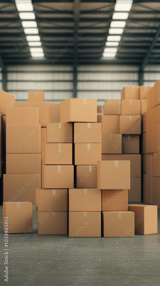 Poster Efficient warehouse management optimizing storage solutions with stacked cardboard boxes for better logistics and inventory control