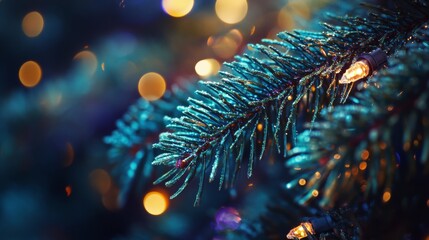 Fototapeta premium Detail Of A Christmas Tree Branch, Macro Photo Of A Christmas Tree, Flashlights In The Background, Christmas Concept