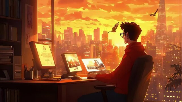 Male, young adult, focusing on work at his desk with a sunset city view.