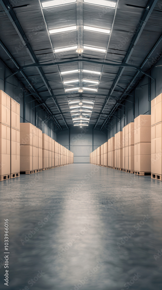 Poster A spacious warehouse interior filled with stacked boxes in a modern industrial setting showcasing efficient storage solutions and organized inventory management