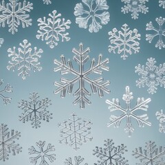 Fototapeta premium Beautiful transparent crystal snowflakes scattered on a cool blue winter holiday background with detailed macro texture.