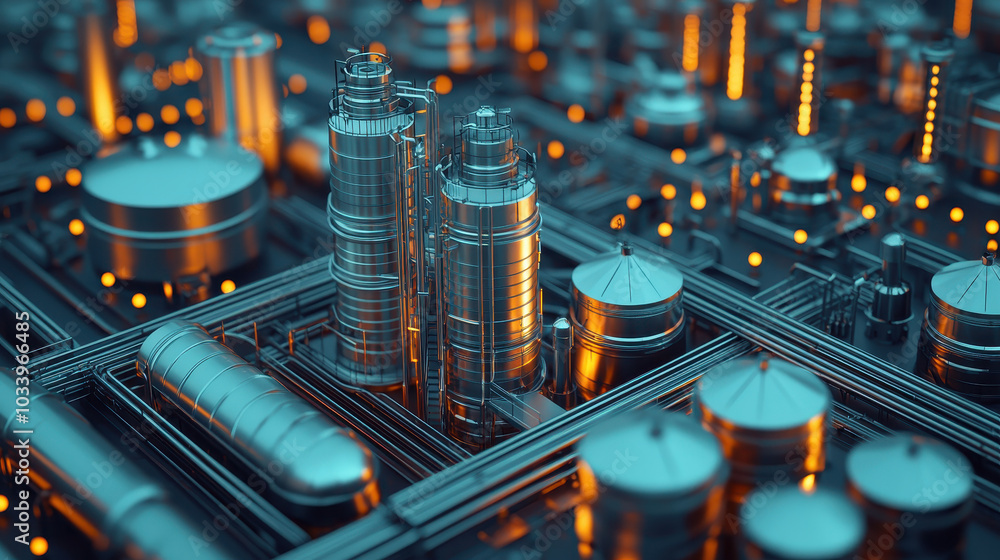 Fototapete a stunning overview of an industrial landscape with illuminated structures and intricate pipework sh