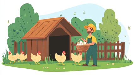 Naklejka premium Man collecting eggs from chickens near a wooden coop in a farm setting.