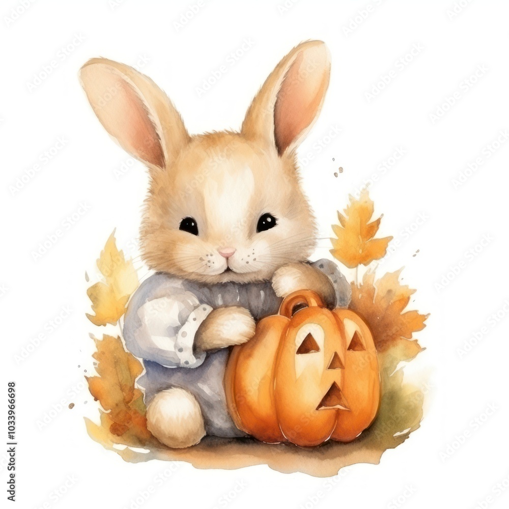 Sticker Rabbit hugging halloween pumpkin animal cartoon mammal.