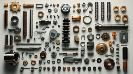 Fototapeta premium Industrial Metal Parts and Hardware Components on White Background