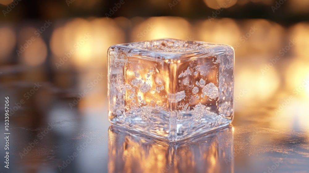 Poster A close-up of a clear ice cube with blurred warm lights in the background.