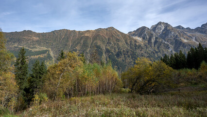 Fototapeta premium Paysage de montagne dans le massif de Belledonne entre alpages et forêts
