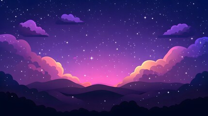 Dark purple background, cartoon-style illustration with simple clouds and stars, cute clouds, purple sky, pink sunset