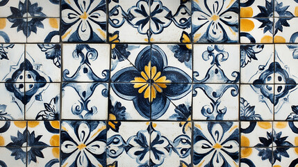 Traditional Portuguese Azulejo Tiles in Blue  White  and Yellow
