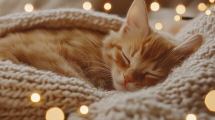 A peaceful orange cat sleeps cozy on a soft blanket, surrounded by beautiful glowing lights in a warm atmosphere.