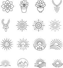 Obraz premium Line Art Sun, Mountain, Flower, and Jewelry Designs