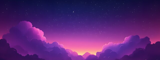 Dark purple background, cartoon-style illustration with simple clouds and stars, cute clouds, purple sky, pink sunset