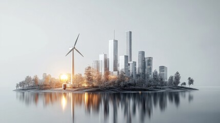Naklejka premium Futuristic City Island with Wind Turbine