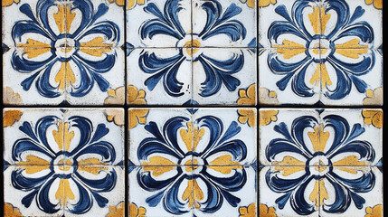 Blue and Yellow Floral Tile Pattern   Traditional Portuguese Azulejo Design