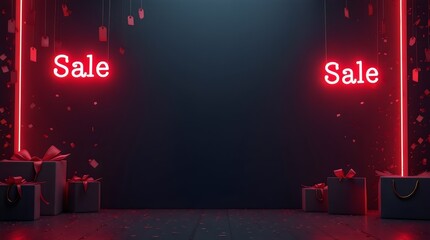Dark sleek background with neon sale signs, shopping bags, and price tags, ideal for massive discounts and holiday sales promotions