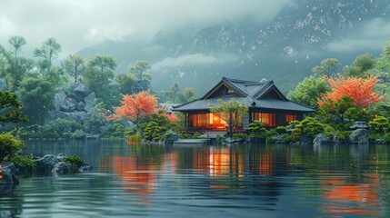 Naklejka premium Serene Japanese Garden House