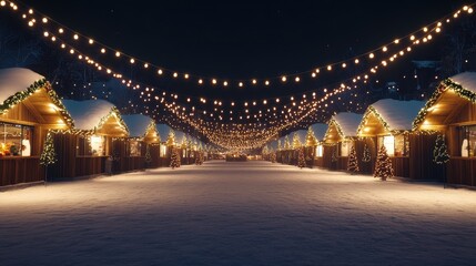 Winter Night Market with Festive Lights and Snow