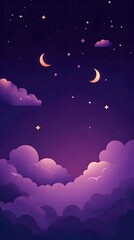 Dark purple background, cartoon-style illustration with simple clouds and stars, cute clouds, purple sky, pink sunset