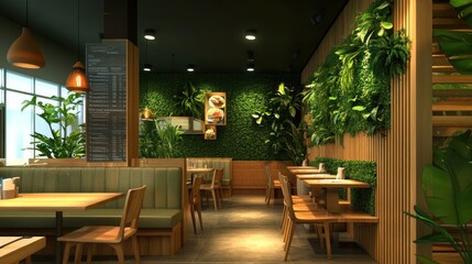 A modern cafe interior with green booth seating, wood accents, pendant lighting, a menu board, and wall-mounted plant decor creating a cozy ambiance.