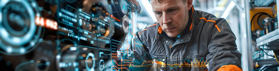 Fototapeta premium Engineer analyzing futuristic digital machinery interface