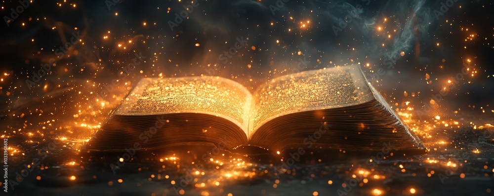 Poster captivating scene of an open book on a table, glowing softly with magical light, surrounded by shimm