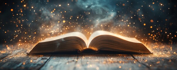 Captivating scene of an open book on a table, glowing softly with magical light, surrounded by shimmering dust and twinkling stars, inviting creative inspiration