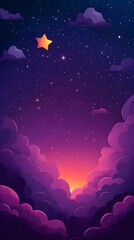 Dark purple background, cartoon-style illustration with simple clouds and stars, cute clouds, purple sky, pink sunset