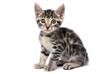 A young tabby kitten with a playful expression isolated on white background