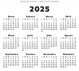Spanish 2025 year calendar. Printable vector black and red colors illustration for Spain