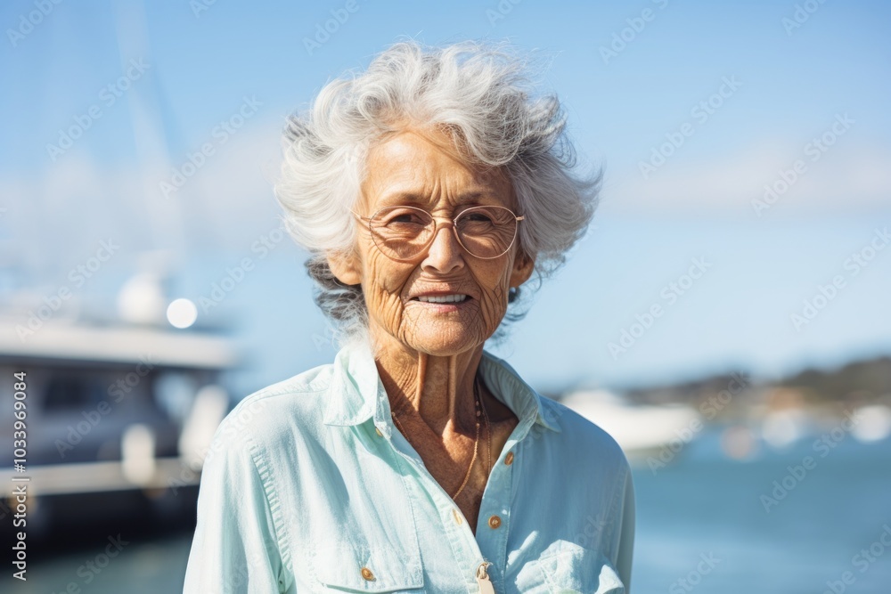 Wall mural Portrait of a smiling woman in her 80s donning a classy polo shirt isolated in calm bay background