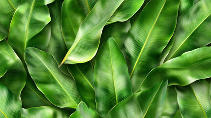 A close up of banana green leaves with a lush green background. 