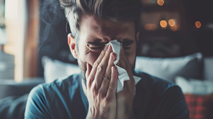 Portrait of a sick man sneeze and snort his nose out, man with infection or a alergic reaction blow his nose with a tissue out.